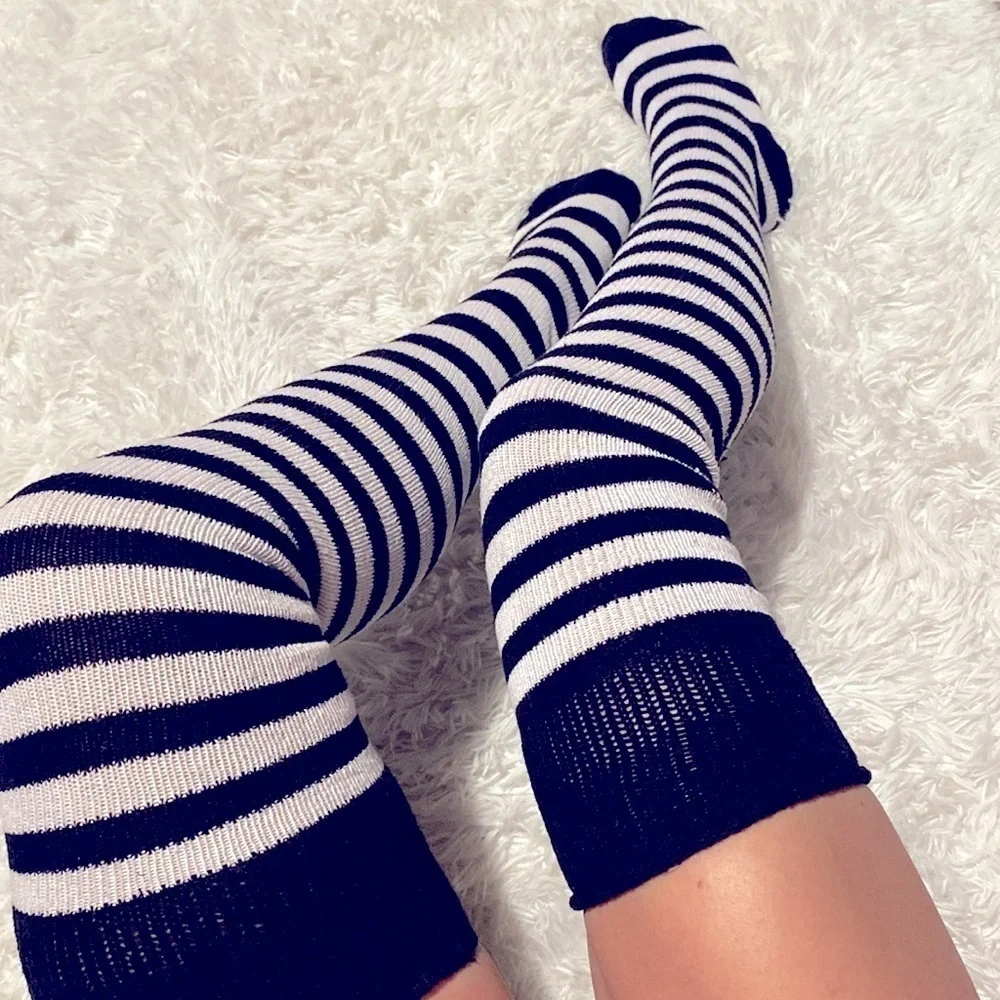 Thigh high thick sweater knit striped socks
